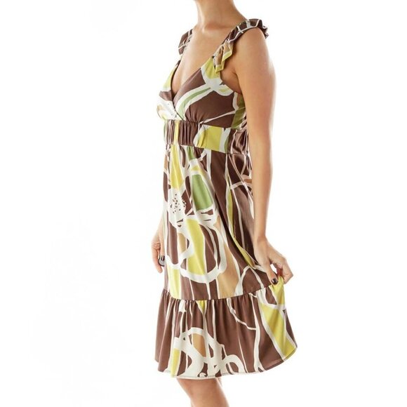 BCBG MaxAzria Brown Green Beige Ruffled Sleeveless Print Dress - Picture 3 of 3